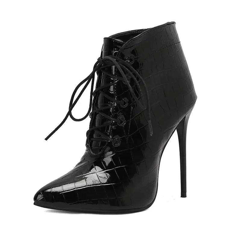 Footmax Women's Stiletto Ankle Boots - 12cm Pointed Toe Lace-Up Party Booties - footmaxldn