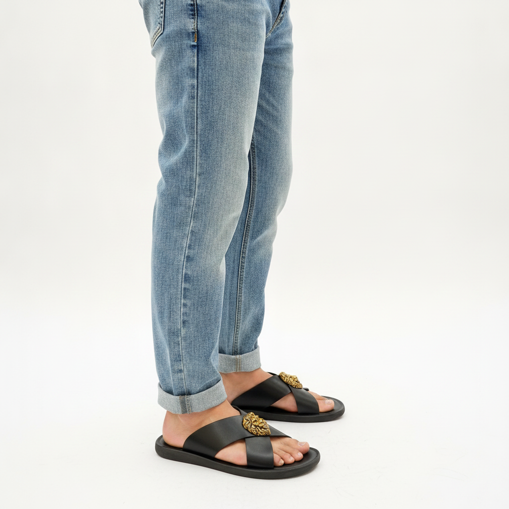 Men's Leather Cross-Strap Slides with Gold Lion Emblem – Footmaxldn