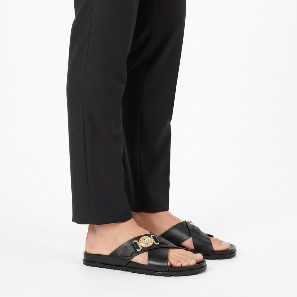 Footmaxldn Men's Genuine Leather Slide Sandals | Cross-Strap Beach & Casual Shoes