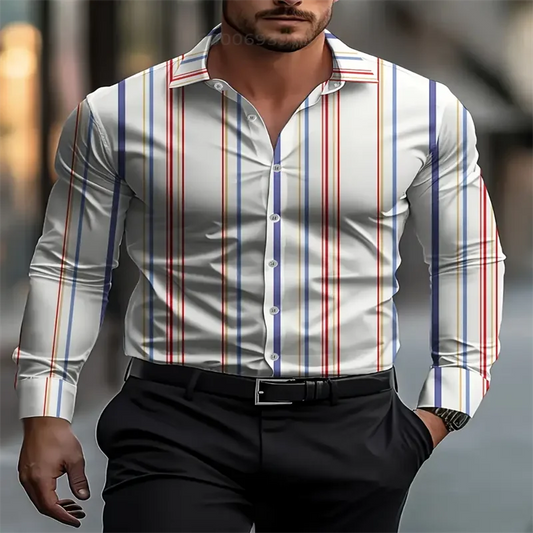 Men's Striped Long Sleeve Shirt - Summer Casual Beach Shirt by Footmax