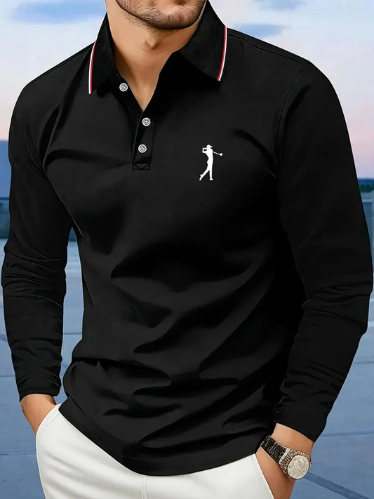 Footmax Men's Golf Player Graphic Polo Shirt - Long Sleeve Striped Breathable Casual Fit - footmaxldn