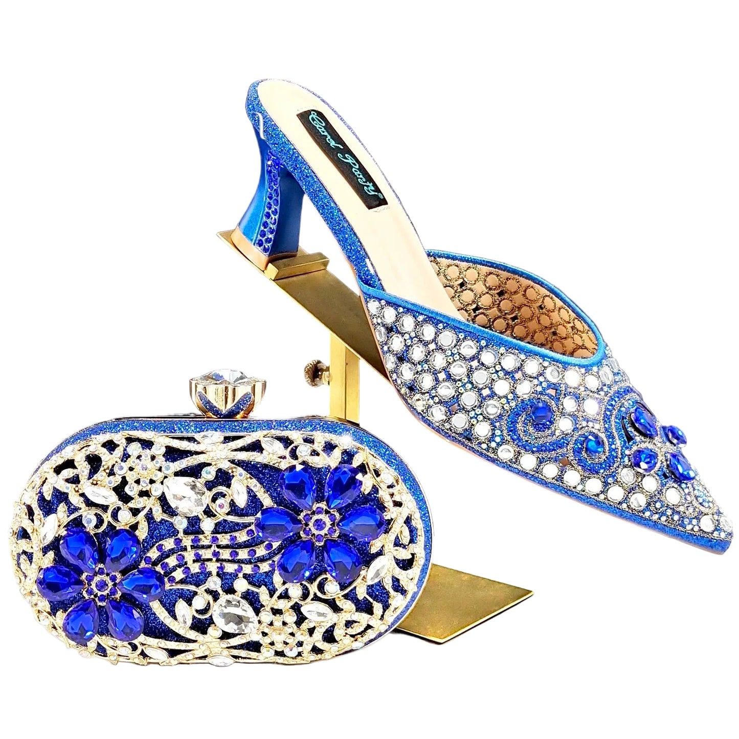 Footmax Blue Rhinestone Ladies Shoes with Matching Mini Bag - Luxury Designer Set - footmaxldn