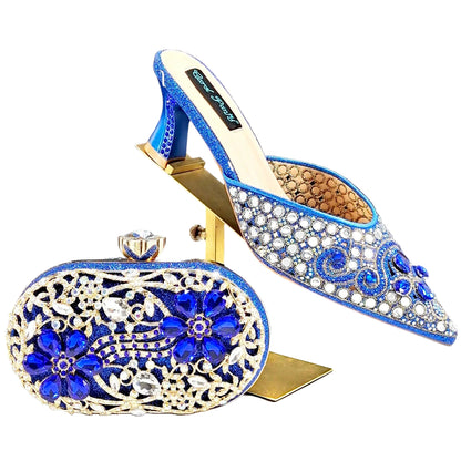 Footmax Blue Rhinestone Ladies Shoes with Matching Mini Bag - Luxury Designer Set - footmaxldn