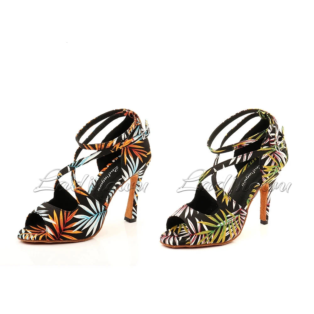 Colorful high-heeled sandals with leaf pattern on a white background, featuring the brand 'Ladingwu'.