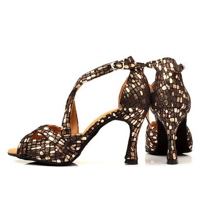 A pair of women's high-heeled dance shoes with a brown and beige mosaic tile pattern, featuring an ankle strap and open toe, shown on a white background with the brand name 'Ladingwu' in the top left corner.