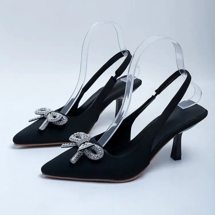 New European American Style Women's High Heels Pointed Toe Back Strap Bowknot Rhinestone Fabric Thin Heel Shallow Sandals - footmaxldn