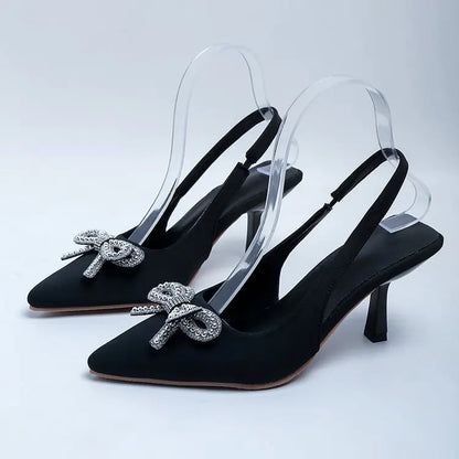 New European American Style Women's High Heels Pointed Toe Back Strap Bowknot Rhinestone Fabric Thin Heel Shallow Sandals - footmaxldn