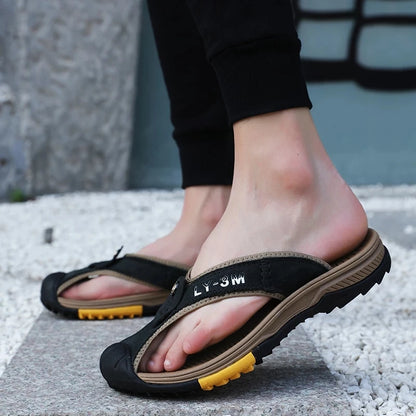 FootMax Men's Genuine Leather Beach Sandals - Anti-Slip Massage Flip Flops - footmaxldn