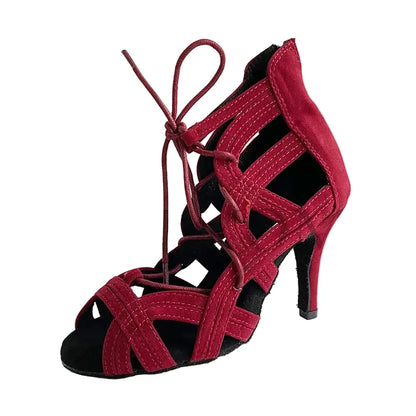 A single women's high-heeled dance shoe in deep burgundy red suede with black lining, featuring crisscrossing cutout straps and a lace-up front, shown on a white background with a faint YSWEYOMIC watermark.