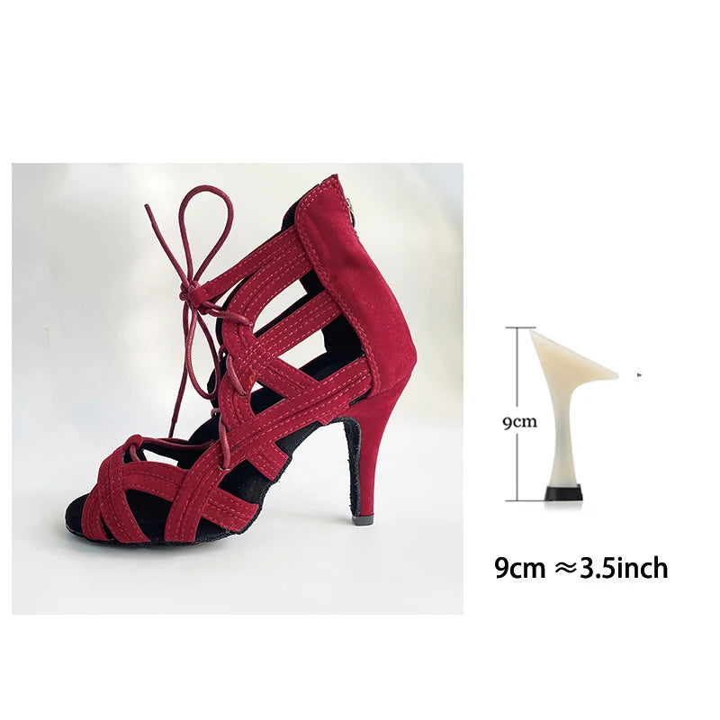 A red suede-like strappy high-heeled sandal shown on a white background, with a side inset diagram indicating heel height of approximately 9 cm (3.5 inches).