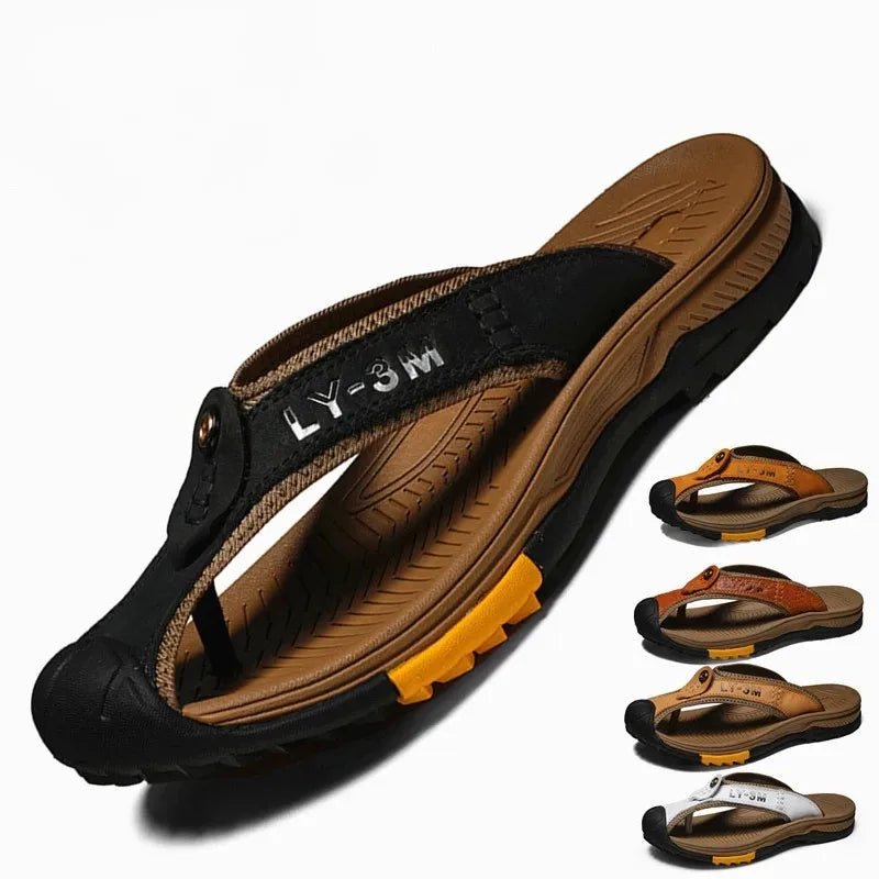 FootMax Men's Genuine Leather Beach Sandals - Anti-Slip Massage Flip Flops - footmaxldn