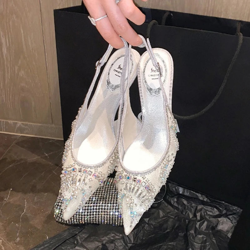 FootMax White Diamond Wedding Pumps - 6.5CM Sling back High Heels for Women - footmaxldn