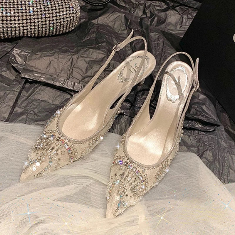 FootMax White Diamond Wedding Pumps - 6.5CM Sling back High Heels for Women - footmaxldn