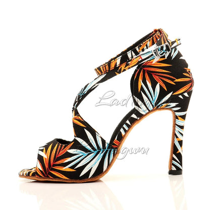 High-heeled sandal with tropical leaf pattern on a white background, featuring the brand 'Ladingwu'.