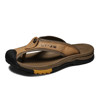 FootMax Men's Genuine Leather Beach Sandals - Anti-Slip Massage Flip Flops - footmaxldn
