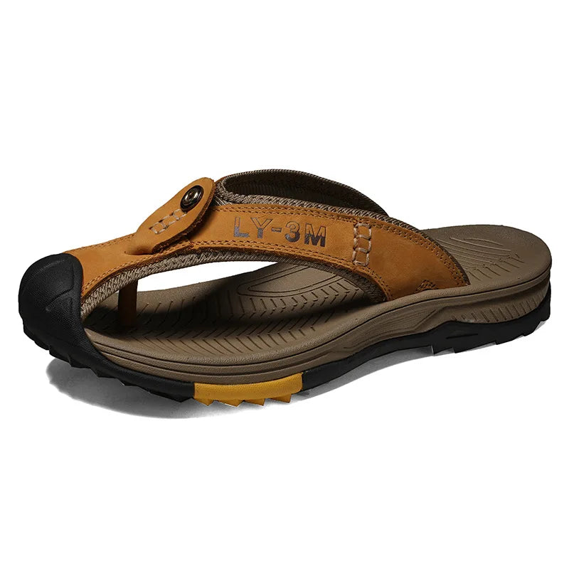 FootMax Men's Genuine Leather Beach Sandals - Anti-Slip Massage Flip Flops - footmaxldn