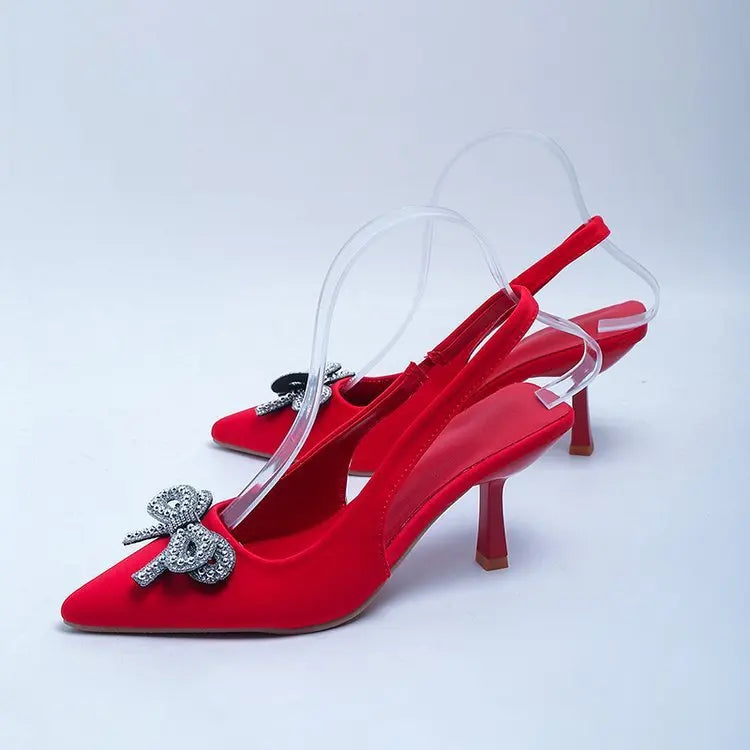 New European American Style Women's High Heels Pointed Toe Back Strap Bowknot Rhinestone Fabric Thin Heel Shallow Sandals - footmaxldn
