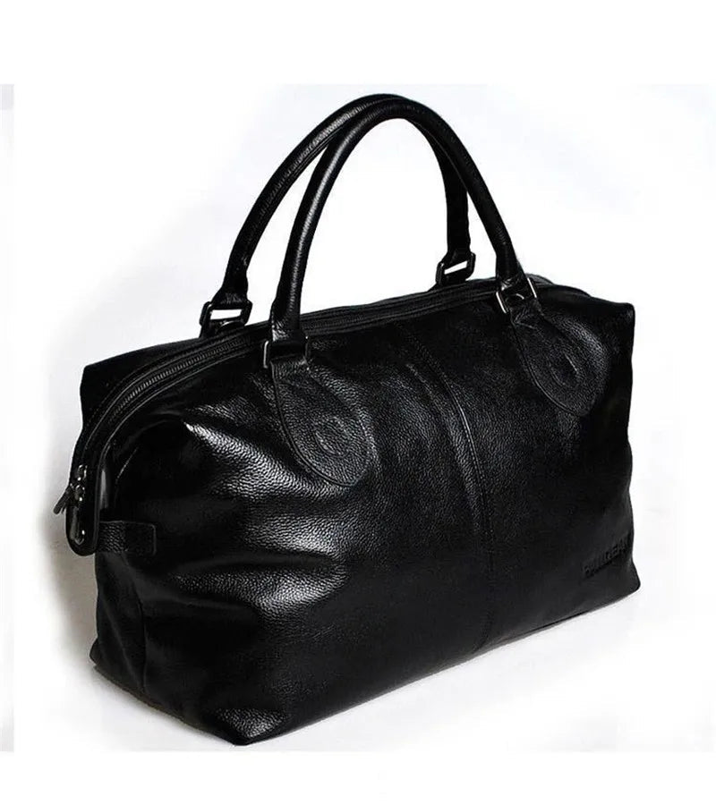 Fashion Genuine Leather Travel Bag Men's Luggage Bags Large Male Duffle Bag weekend Women Shoulder Bag Big Tote Handbag Black - footmaxldn