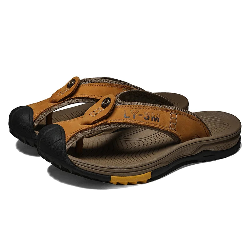 FootMax Men's Genuine Leather Beach Sandals - Anti-Slip Massage Flip Flops - footmaxldn