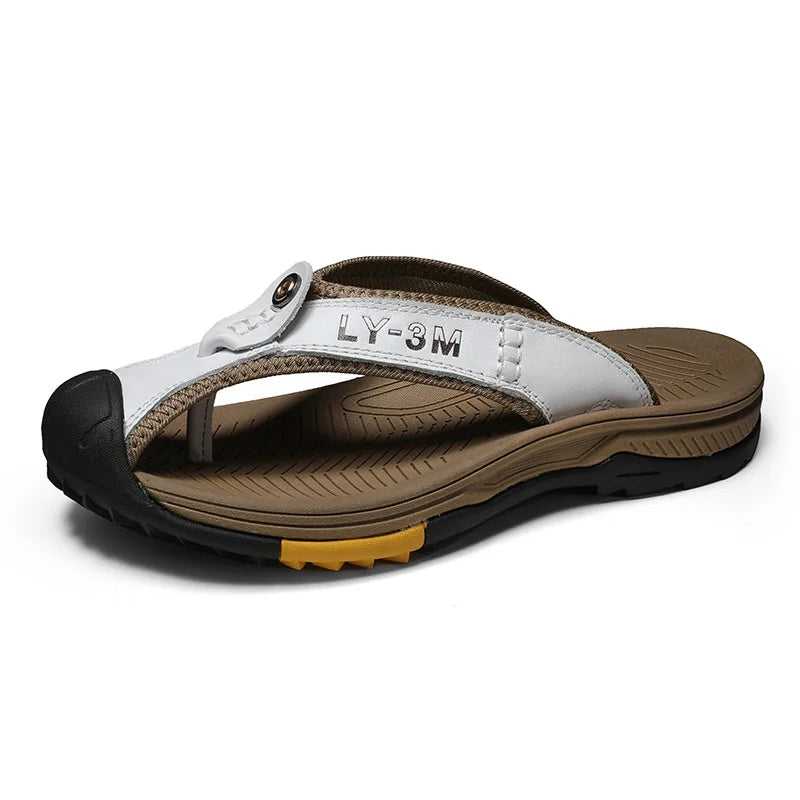 FootMax Men's Genuine Leather Beach Sandals - Anti-Slip Massage Flip Flops - footmaxldn