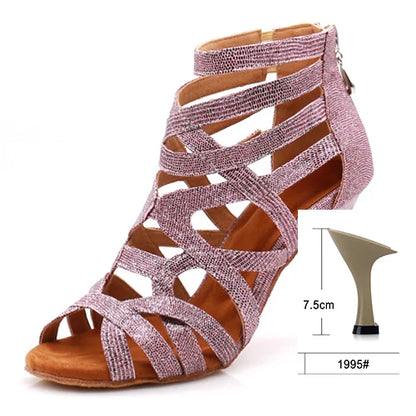 A single women's strappy heeled sandal with glittery metallic pink straps and a brown footbed, shown on a white background with a small inset diagram indicating heel height 7.5 cm and size 1995.