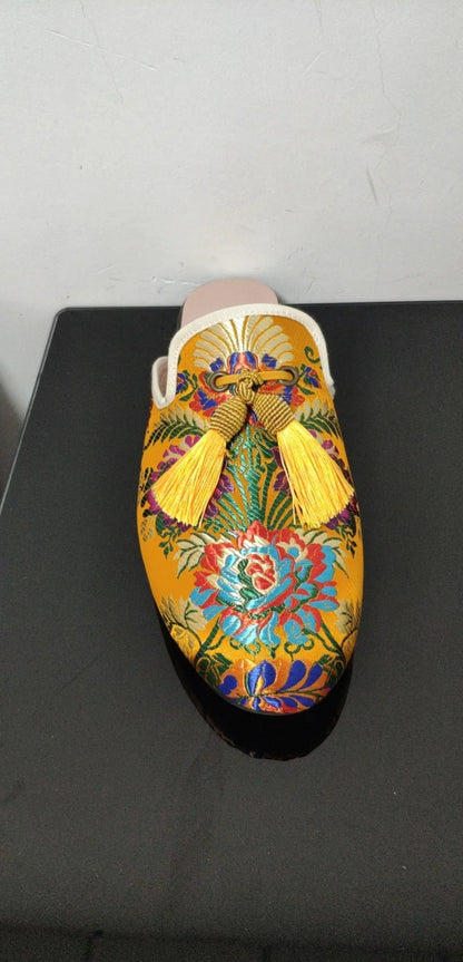 Men's Gold Floral Leather Slide Sandals