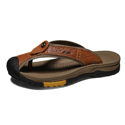 FootMax Men's Genuine Leather Beach Sandals - Anti-Slip Massage Flip Flops - footmaxldn
