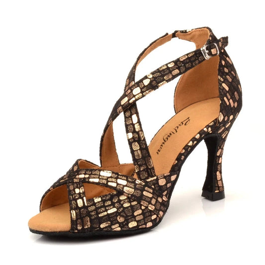 A single women's high-heeled dance sandal with a black base and metallic gold patterned straps, shown on a white background with the brand name 'Ladingwu' in the top left corner.