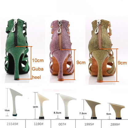 Three pairs of women's high-heeled cutout sandals shown from the back with dimension annotations: one green, one glittery mauve-pink, and one olive green. The image includes a size chart for the heel and a row of heel-tip color options labeled with codes and measurements.