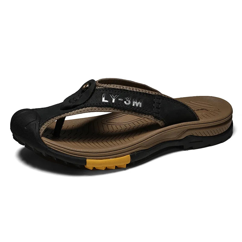 FootMax Men's Genuine Leather Beach Sandals - Anti-Slip Massage Flip Flops - footmaxldn