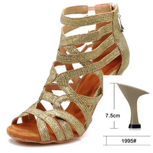 Gold glitter strappy high-heeled sandal with an ankle strap and open toe, shown on a white background with a heel-height dimension inset labeled 7.5cm and size 1995#.