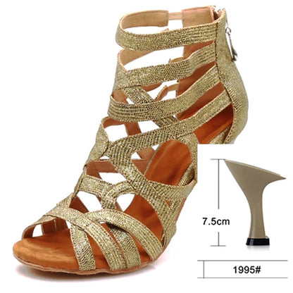 Gold glitter strappy high-heeled sandal with an ankle strap and open toe, shown on a white background with a heel-height dimension inset labeled 7.5cm and size 1995#.