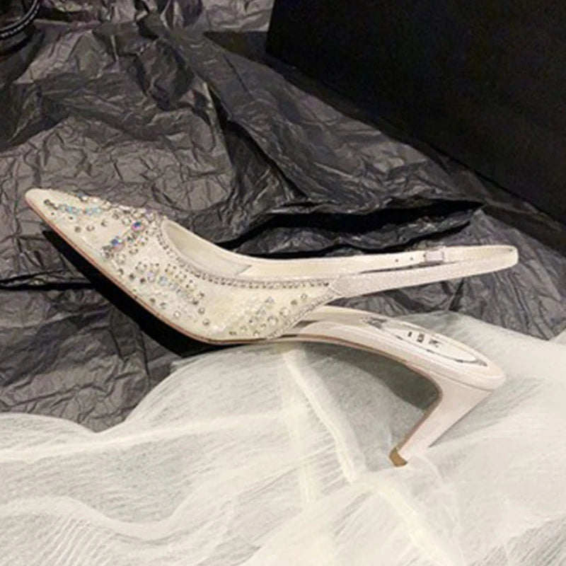 FootMax White Diamond Wedding Pumps - 6.5CM Sling back High Heels for Women - footmaxldn