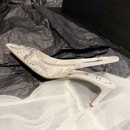 FootMax White Diamond Wedding Pumps - 6.5CM Sling back High Heels for Women - footmaxldn