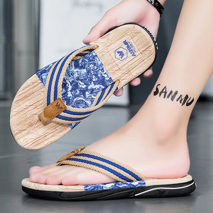 Japanese wood grain flip flops for men in summer wear anti-slip trend printed soft bottom clip foot stroke beach sand sand - footmaxldn