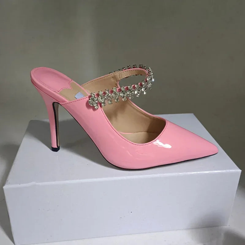 Footmaxldn Rhinestone Chain Stiletto Mules – Patent Leather High Heel Sandals for Women