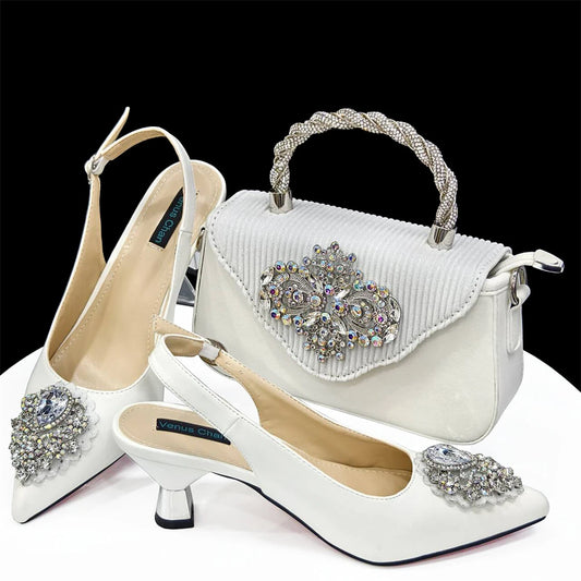 2024Sweet Party Style African Women's Shoes Bags Rhinestone Embellished Pointed Toe  Heels Square Clutch Bag