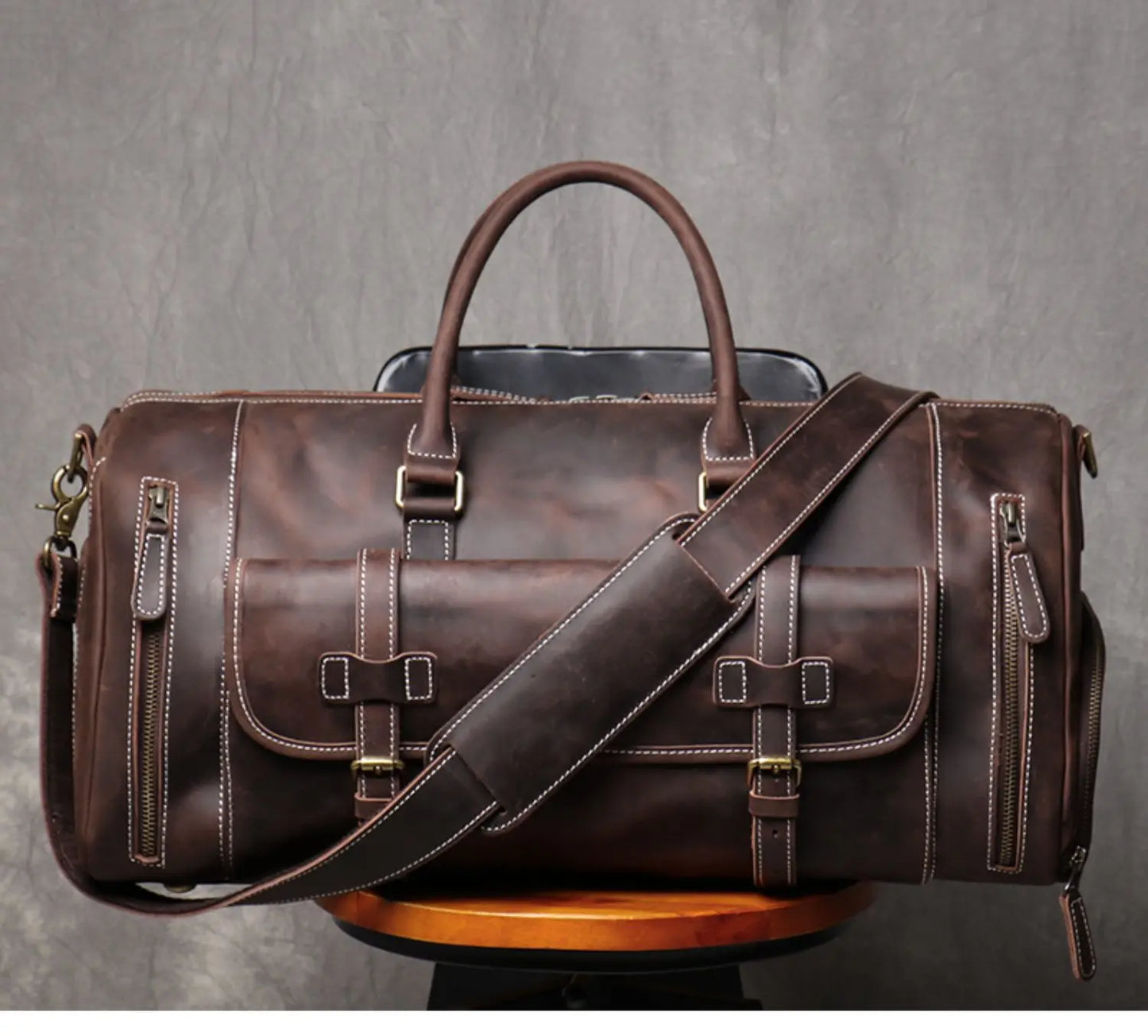 Footmax MUNUKI Vintage Leather Travel Bag - Large Genuine Crazy Horse Duffle - footmaxldn