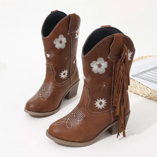 Floral Western Knee High Boots Girls Premium Quality Slip-on Fringe Cowboy Booties Kids Autumn Heeled Point Toe Botas para niños - footmaxldn