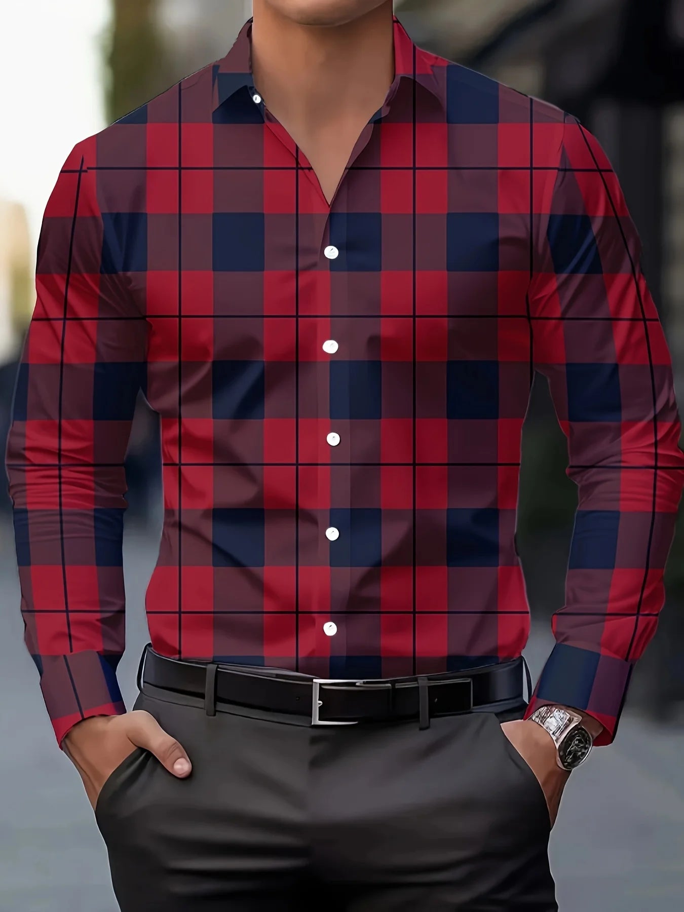 Footmax Men's Plaid Long Sleeve Shirt - Breathable Casual Business Lapel Shirt - footmaxldn