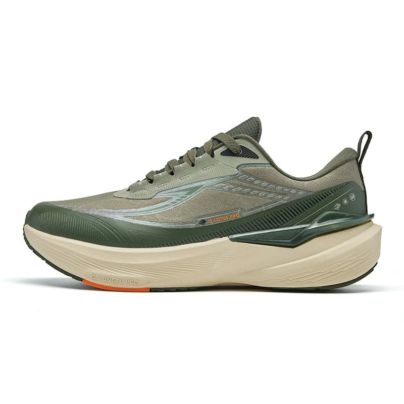 A QIAODAN athletic sneaker shown in a side profile view on a white background. The shoe features a textured olive green and gray upper, a thick beige midsole, and a small orange accent on the outsole.