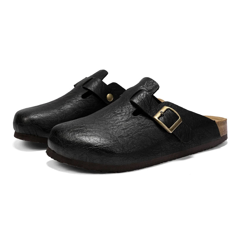 Comfort Cork Leather Slippers for Unisex Men Women Slip on Half Shoes Sandals Closed Toe Backless Health Footbed Slides Fashion - footmaxldn