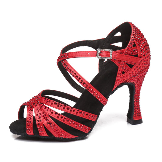 SHUANGSEJU 2025 New Latin Dance Shoes Female Hot Diamond Dance Shoes National Standard Salsa Cha Cha Dance Shoes 6-7.5-9cm Heel - footmaxldn