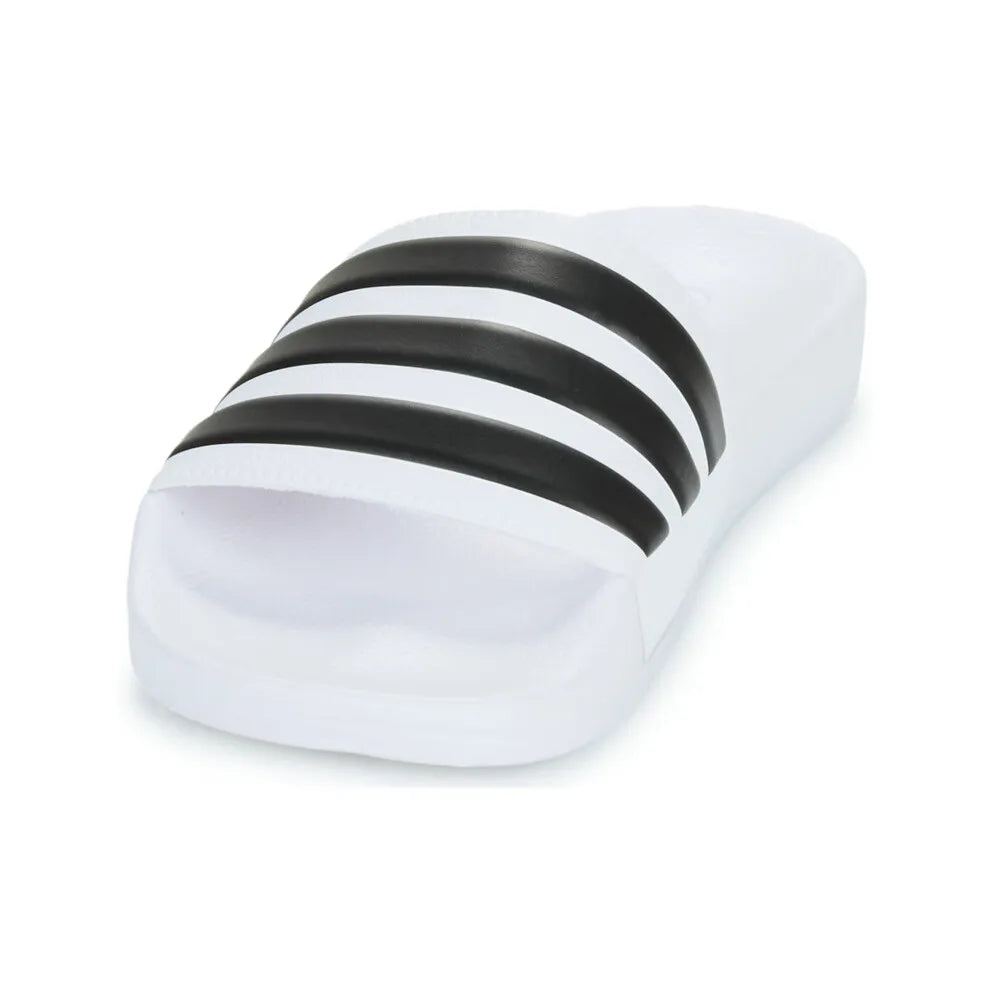 Adidas White Slides with Black Three - Stripes and Brand Name - Casual and Comfortable Footwear - footmaxldn
