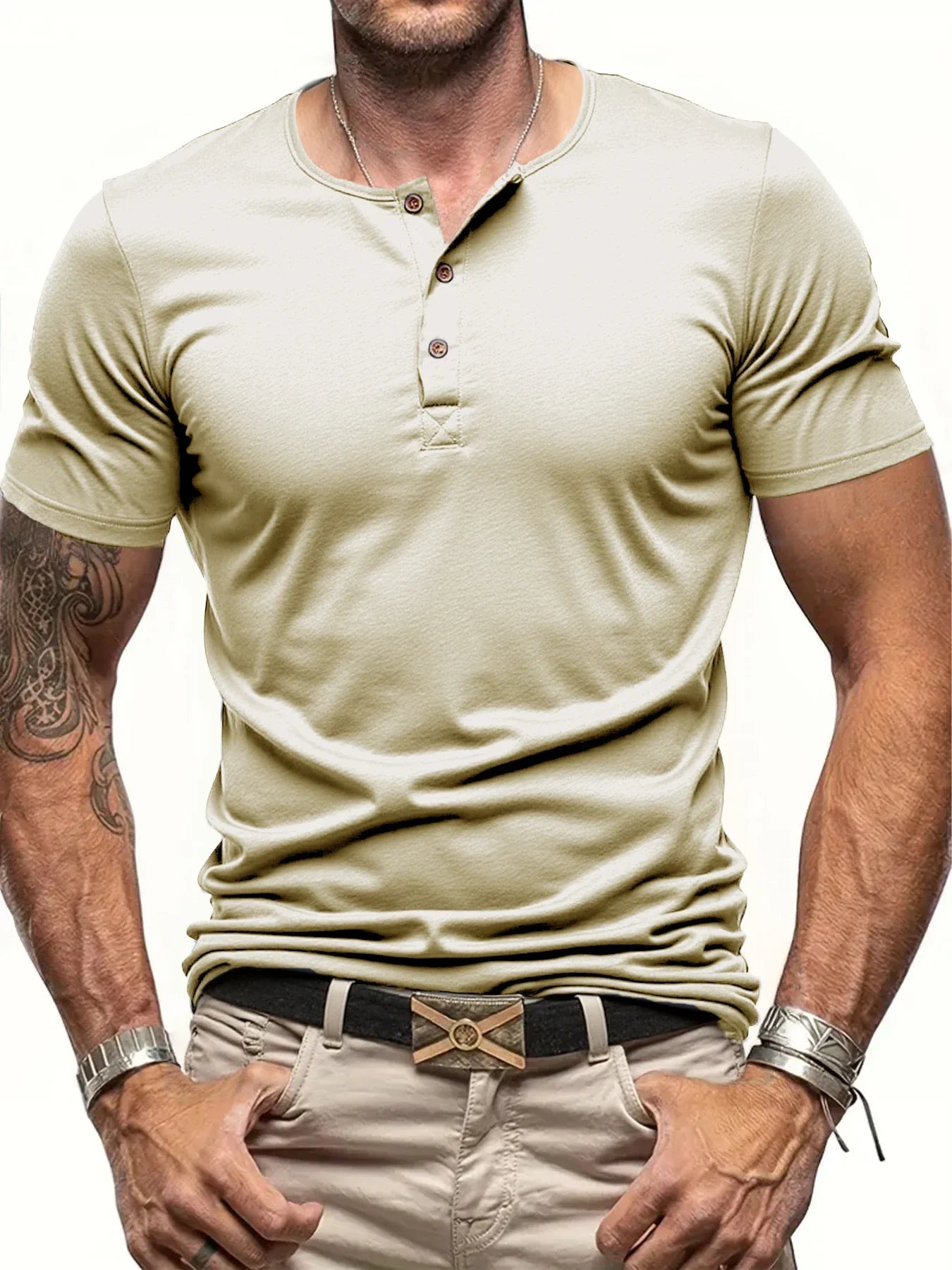 FootMax Men's Henley T-Shirt - Slim Fit Button Neck Short Sleeve Casual Tee - footmaxldn