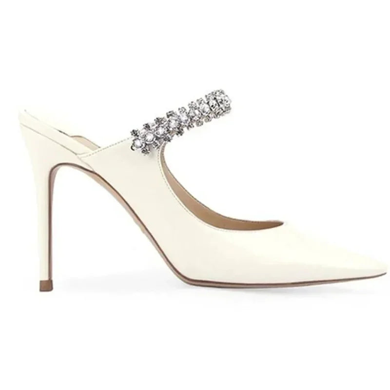 Footmaxldn Rhinestone Chain Stiletto Mules – Patent Leather High Heel Sandals for Women