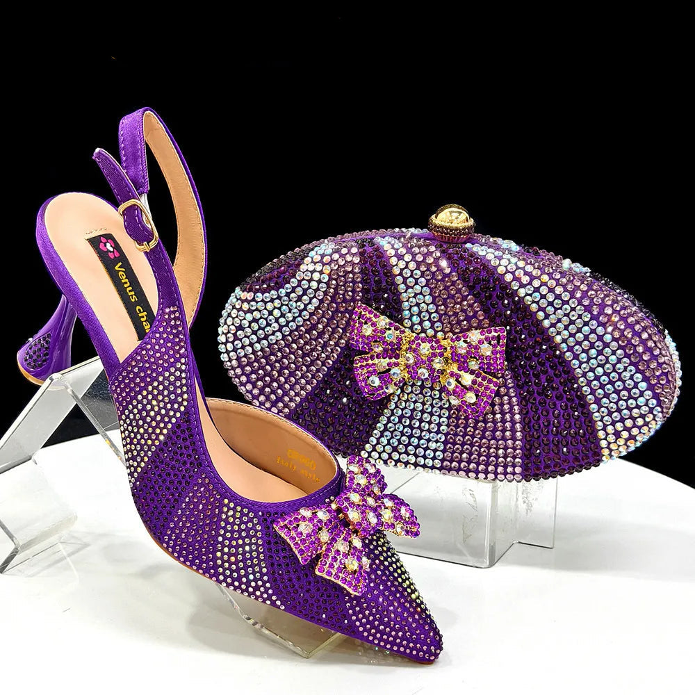 Venus Chan Nigeria Design Rhinestone-encrusted Sex Ladies Shoes And Oval Bag High Heels And Purple Color Mini Bag - footmaxldn