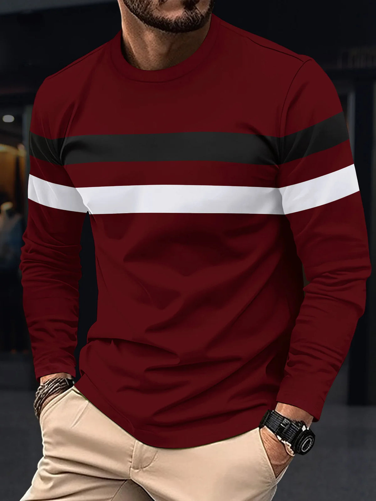Men's Striped Long Sleeve T-Shirt - Round Neck Oversized Tee