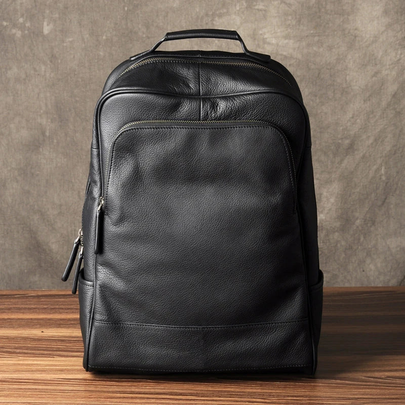 High Quality Fashion Genuine Leather Backpack Men Bagpack Student School Bag Backpack daily male Rucksack large Knapsack Black - footmaxldn