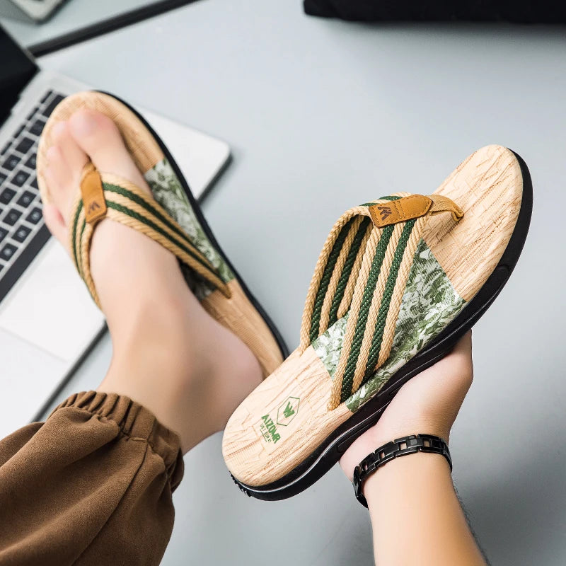 Japanese wood grain flip flops for men in summer wear anti-slip trend printed soft bottom clip foot stroke beach sand sand - footmaxldn